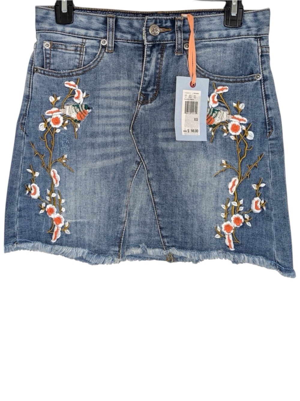 Chelsea & Violet Tropical Fiesta Floral Embroidery Mini Jean Skirt